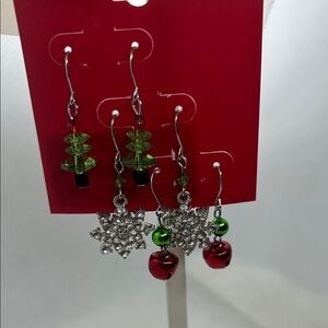 NWT Festive Christmas Silver and Green Earrings Set (3 pairs)